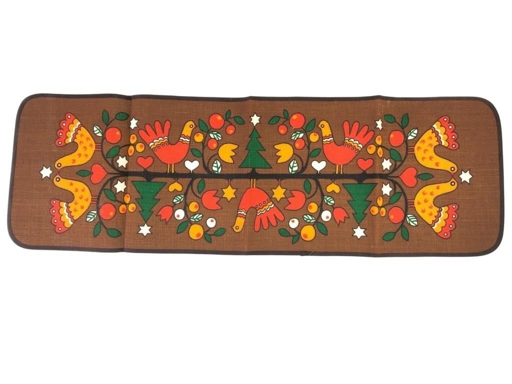 Sodahl Denmark Folk Art Jute Christmas Runner: A vintage hand-printed Christmas table runner by Sodahl Denmark. Features a vibrant folk art motif with birds, Christmas trees, hearts, and stars on a brown ground. Constructed from a 58% jute and 42%