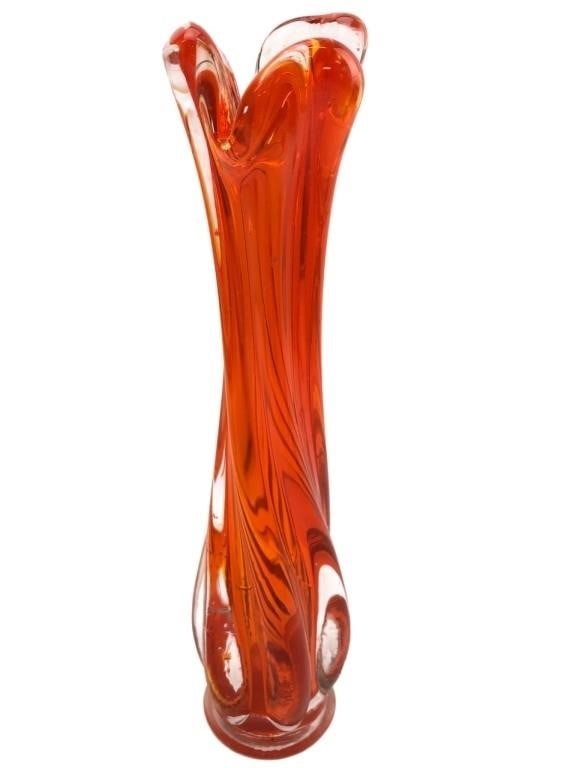 MCM Orange Swirl Art Glass Swung Vase: Mid-Century Modern art glass swung vase featuring a vibrant orange and white swirl pattern encased in clear glass. The piece has a pulled, organic form with a multi-lobed rim and a weighted base. Unma