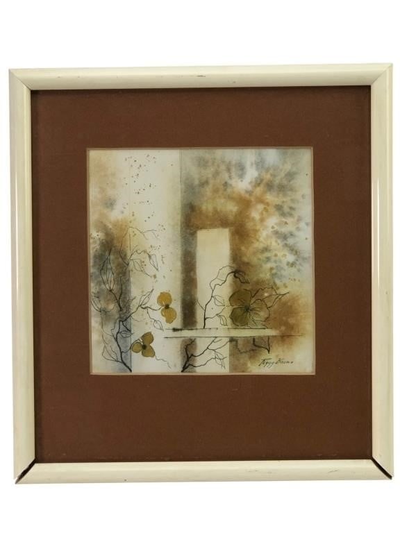 Peggy Brown Signed Abstract Floral Watercolor: Abstract floral watercolor on paper by Peggy Brown. The artwork features delicate ink line work and earthy-toned washes of brown, ochre, and grey. Signed by the artist in the lower right. Housed in a