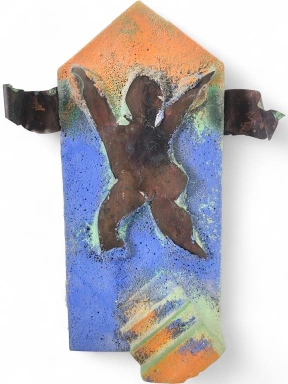 Signed Sand Cast Art Glass Figural Sculpture: A sand cast art glass sculpture featuring a stylized human figure in relief. The piece is constructed from thick, translucent green glass with a textured, multi-colored front surface in shades of blue