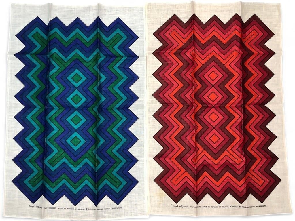 VTG Fingal Kilkenny 100% Irish Linen Tea Towels: Pair of vintage tea towels by Fingal, designed by Kilkenny Design Workshops. Made in the Republic of Ireland from 100% linen with fast colors. Features a bold, multi-colored geometric zigzag and diamo