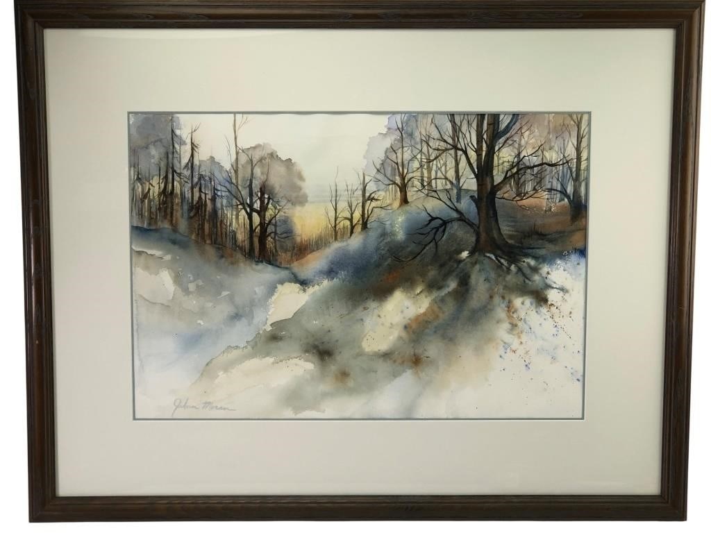 JoAnn Moran Signed Watercolor Landscape Painting: A framed watercolor on paper landscape painting titled "Beyond the Ridge" by artist JoAnn Moran. The artwork features a winter or late autumn woodland scene with bare trees and soft blue and grey wash