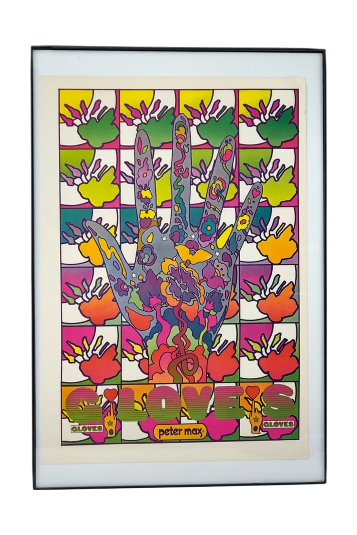 Peter Max 1970 Gloves Framed Poster: Psychedelic pop art poster titled "Gloves" by Peter Max, dated 1970. Features a central hand motif filled with floral and celestial patterns against a grid of stylized flowers. Printed signature "pete