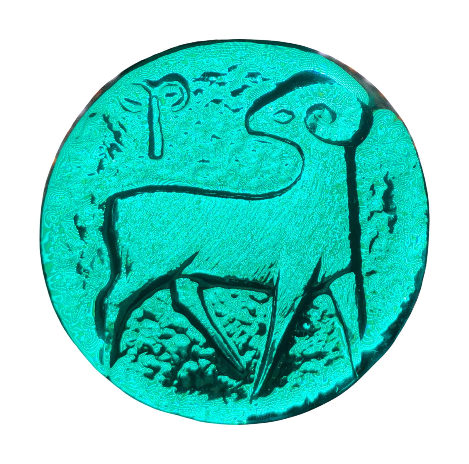 VTG Blenko Azure Blue Glass Aries Zodiac Paperweight: Vintage Blenko art glass paperweight in azure blue. This hand-blown piece features a pressed design of the Aries zodiac sign, depicting a ram and the corresponding astrological symbol. The glass has a