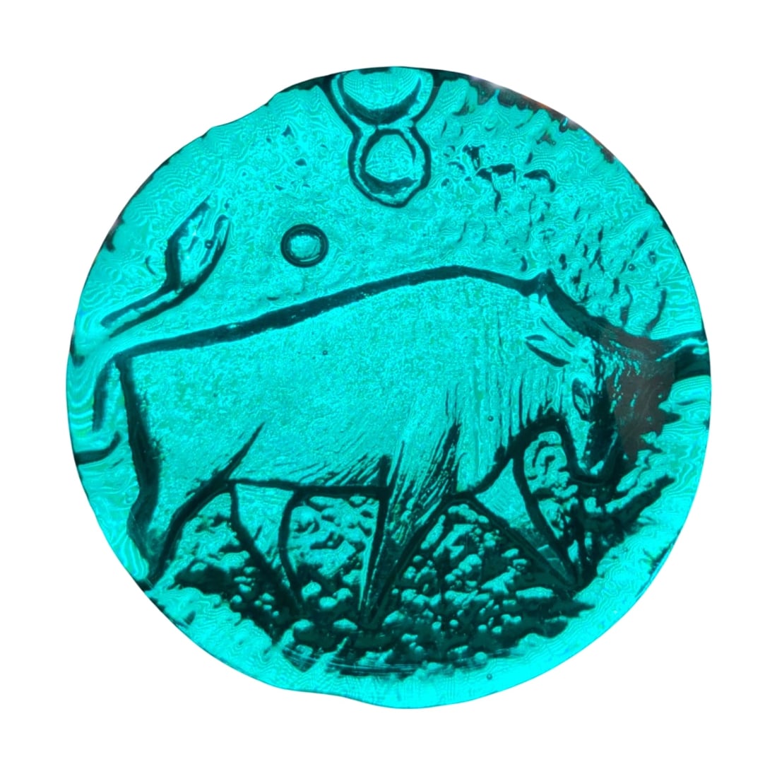 VTG Blenko Azure Blue Glass Taurus Zodiac Paperweight: Vintage hand-blown glass zodiac paperweight in azure blue, attributed to Blenko. Features a pressed design of the Taurus bull with astrological symbols. The piece has a textured, pebbled reverse and s