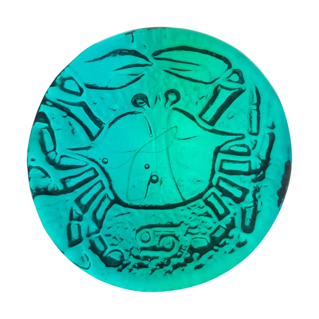 VTG Blenko Azure Blue Glass Cancer Zodiac Sign Paperweight: VTG Blenko hand-blown art glass paperweight in azure blue. Features a pressed design of the Cancer zodiac sign, depicting a crab and the astrological symbol. The piece exhibits characteristic bubbles 