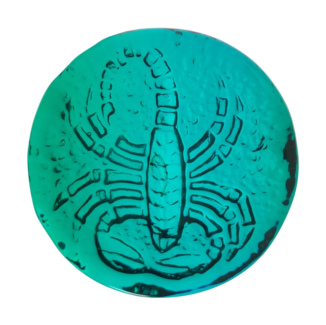 VTG Blenko Azure Blue Glass Scorpio Zodiac Paperweight: Vintage Blenko art glass paperweight in azure blue, featuring a pressed Scorpio zodiac sign design. Hand-blown construction with a textured reverse side and smooth, domed top. Some surface scratches. 