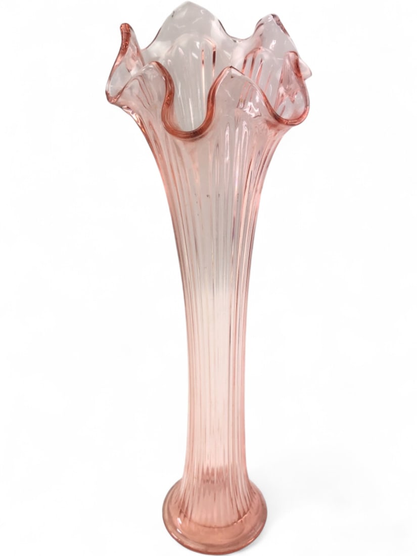 VTG Fenton Fine Ribbed Pink Glass Swung Vase: Vintage swung vase attributed to Fenton Art Glass, featuring a fine ribbed pattern in pink glass. The piece has a flared, ruffled rim and a pedestal base. Hand-blown construction with no visible maker