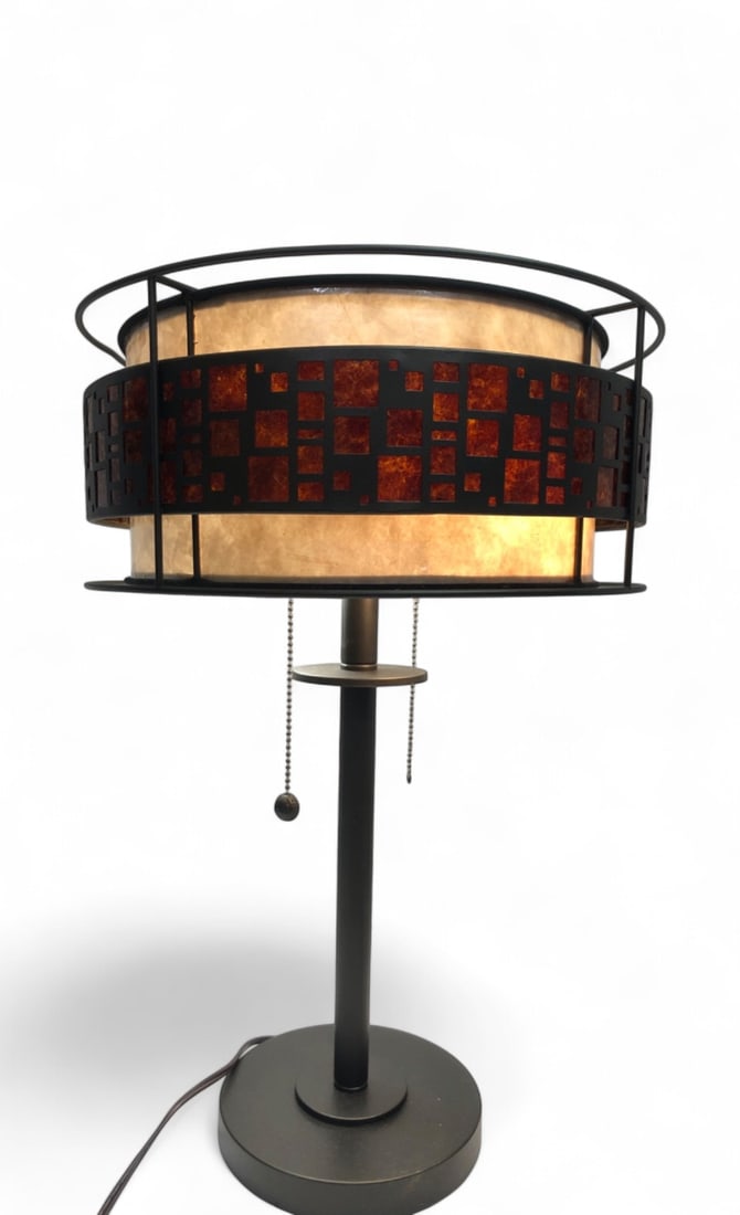 Dale Tiffany Cobblestone Table Lamp: Dale Tiffany Cobblestone table lamp featuring a dark bronze-finished metal base and a double-layered shade. The shade consists of a mica-style inner cylinder and a decorative metal outer band with a