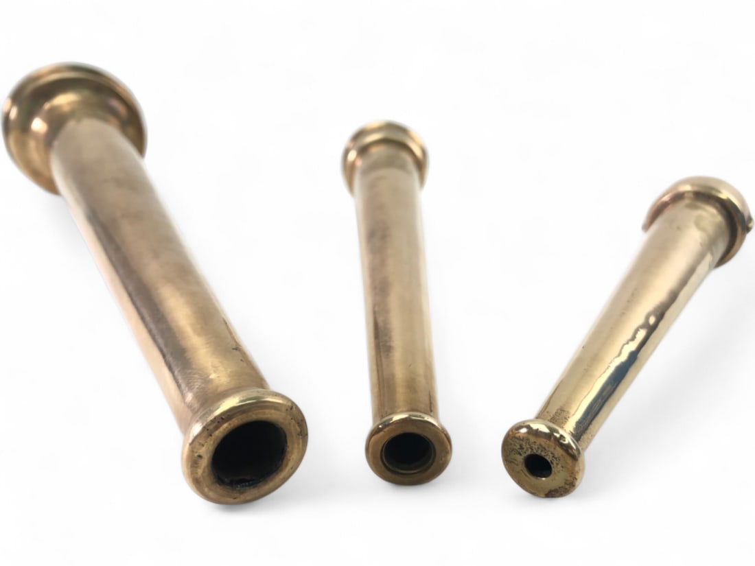 Rare Brass Fire Hose Nozzles, Set of 3: Set of three rare antique brass fire hose nozzles, c. 1800s. These tapered nozzles were designed for use with horse-drawn steam-powered fire engines. The set includes three different sizes measuring