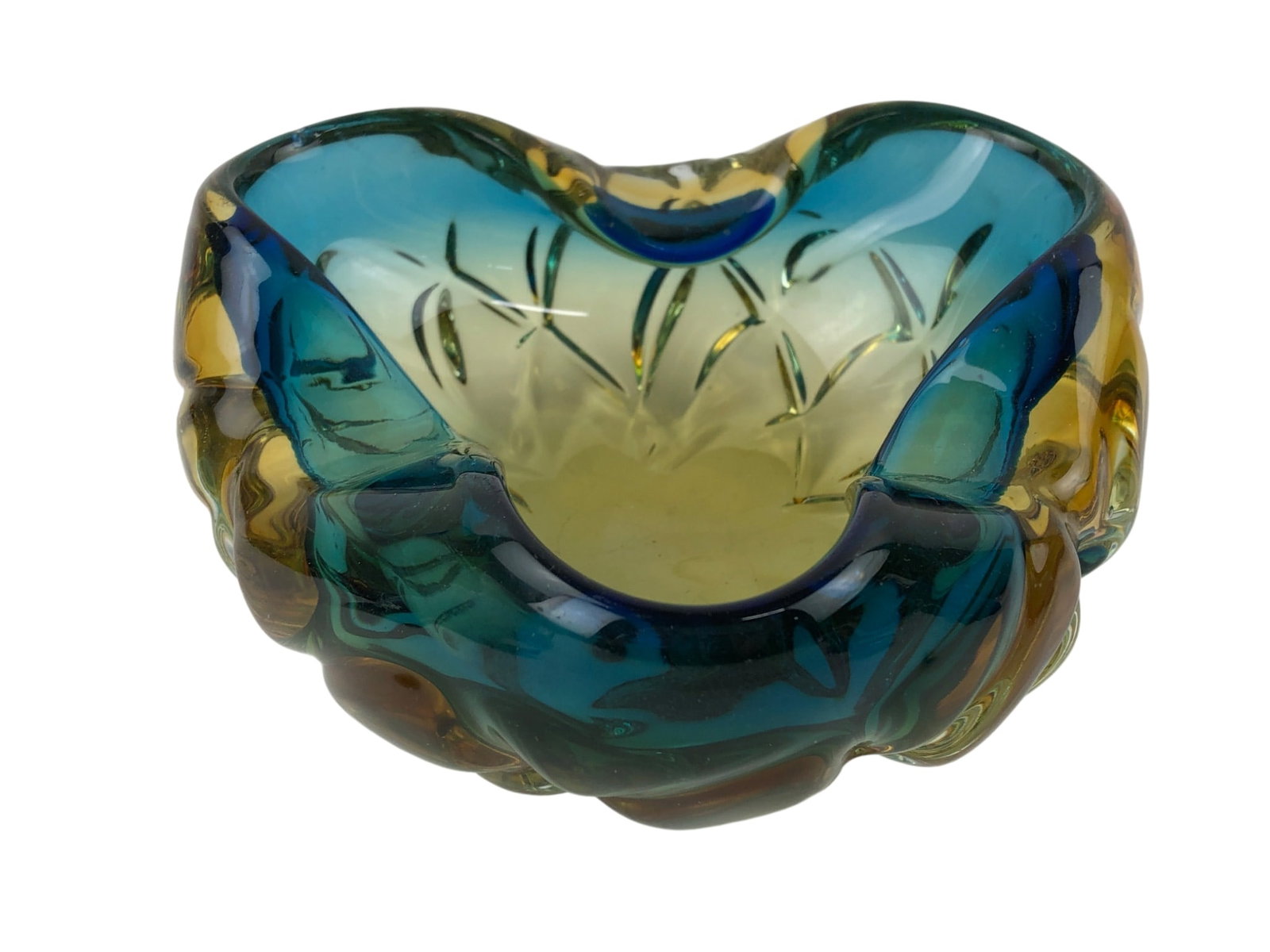 MCM Murano Style Sommerso Art Glass Bowl: Mid-Century Modern style art glass bowl featuring a sommerso technique with layers of amber, turquoise, and deep blue glass. The piece has a heavy, thick-walled construction with a lobed, organic