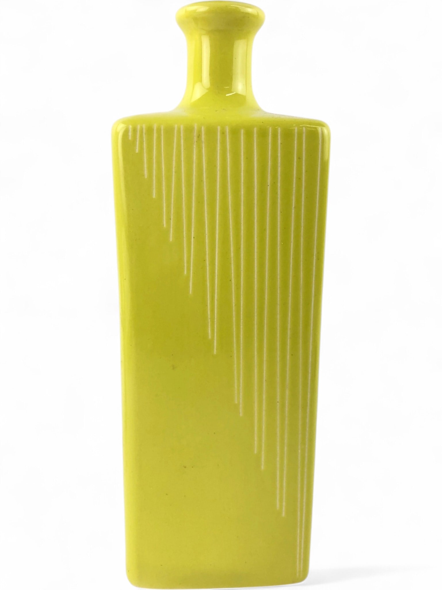 Royal Haeger Yellow Ceramic Rectangular Vase: A mid-century modern style rectangular ceramic vase by Royal Haeger. Features a vibrant chartreuse yellow glaze with a sgraffito-style vertical line pattern on one side. The vase has a narrow cylindri
