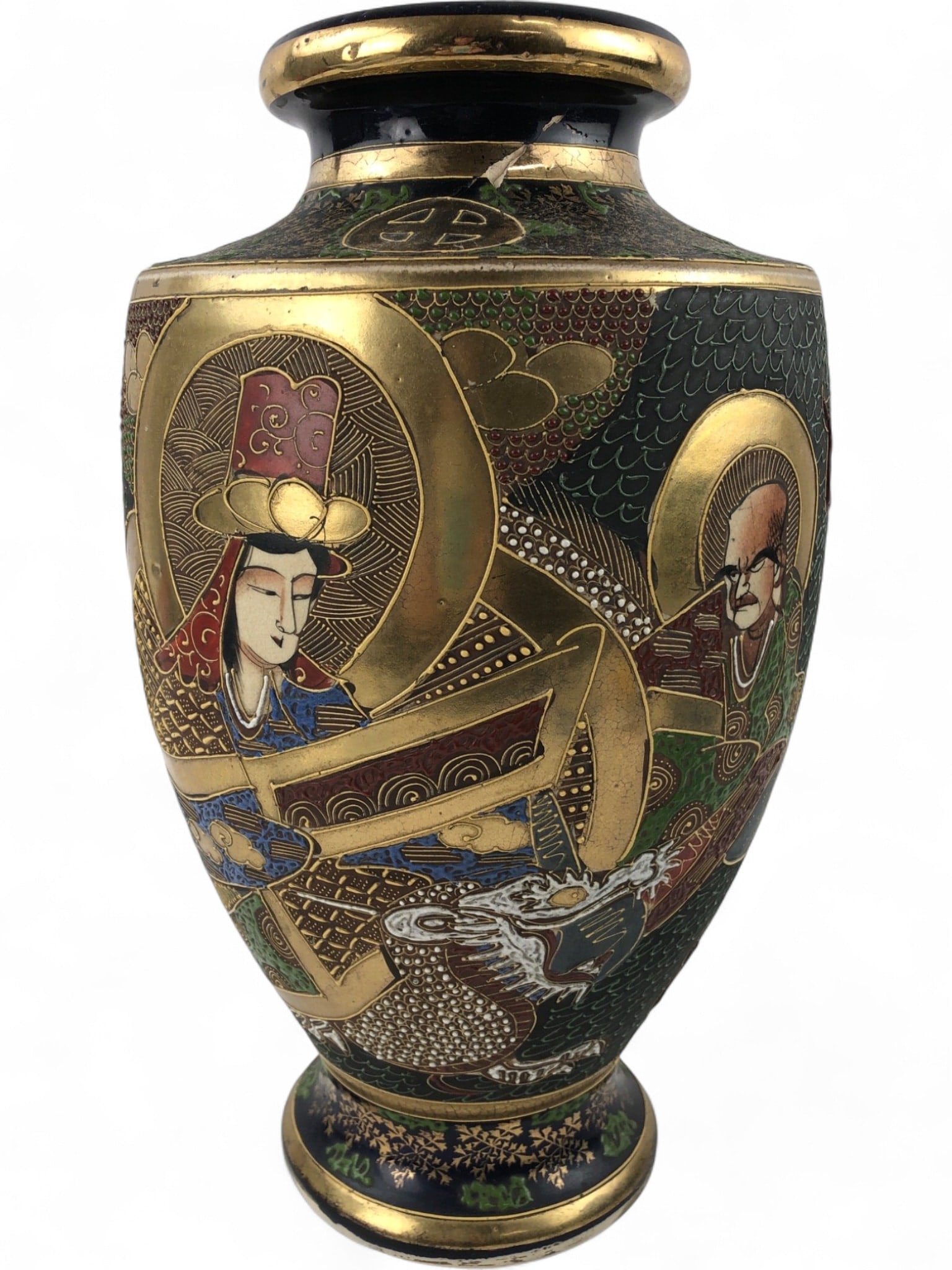 Kozan Satsuma Style Moriage Immortal Motif Vase: Japanese Satsuma style earthenware vase featuring hand-painted immortals and a dragon in raised moriage enamel. The piece displays a dark cobalt blue ground with extensive gilt detailing. Marked
