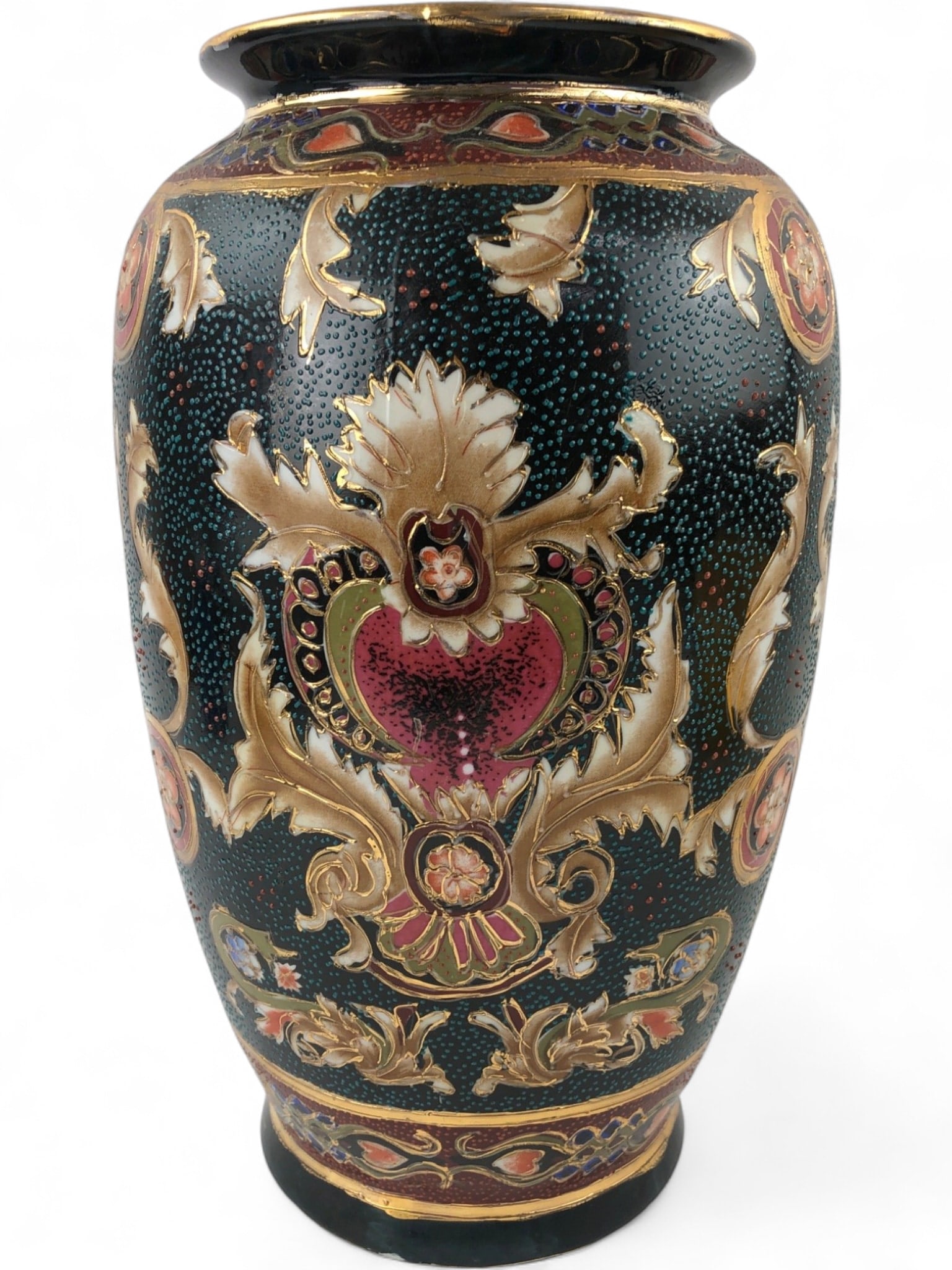 Chinese Hand-Painted Moriage Porcelain Vase: A large Chinese porcelain vase featuring elaborate hand-painted moriage decoration with raised enamel beading. The central motif consists of stylized acanthus leaves and floral elements surrounding a