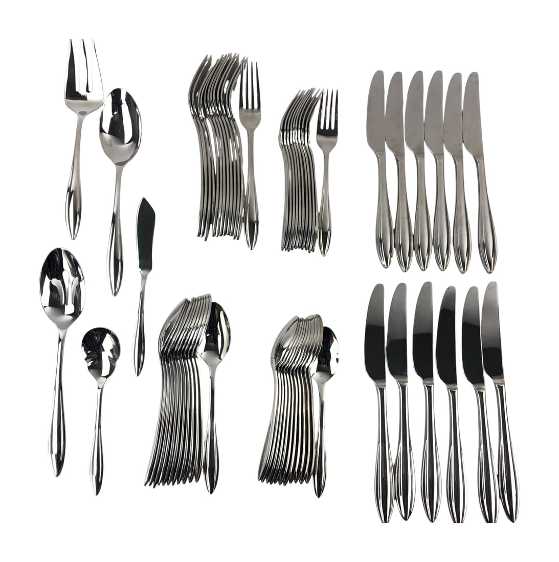 Lenox 18/10 Stainless Steel Flatware 5 piece Setting for 12 plus serving utensils: A comprehensive 60 piece flatware set by Lenox, crafted from 18/10 stainless steel with 5 piece serving set. The set features a modern, streamlined design with tapered handles and includes dinner kniv