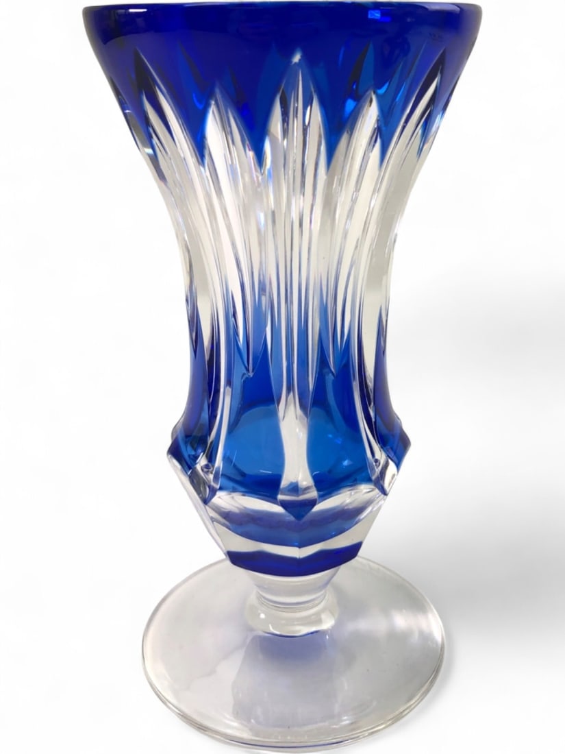 Val St. Lambert Cobalt Cut-to-Clear Crystal Vase: Hand-blown cobalt blue cut-to-clear crystal vase by Val Saint Lambert. Features deep vertical miter cuts and a scalloped rim. Signed on the base 'Val St Lambert' and numbered 40/300. Measures 7 1/8" t