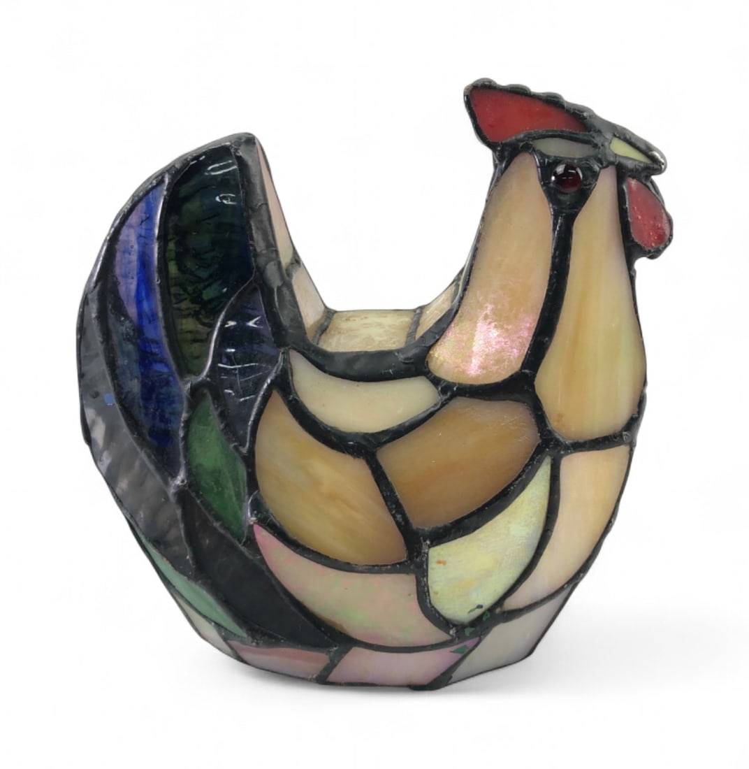 VTG Leaded Stained Glass Rooster Lamp: Vintage leaded stained glass rooster lamp featuring multi-colored slag glass panels in shades of amber, cream, blue, and green. Constructed with lead cames and a metal base plate. Features a red glass