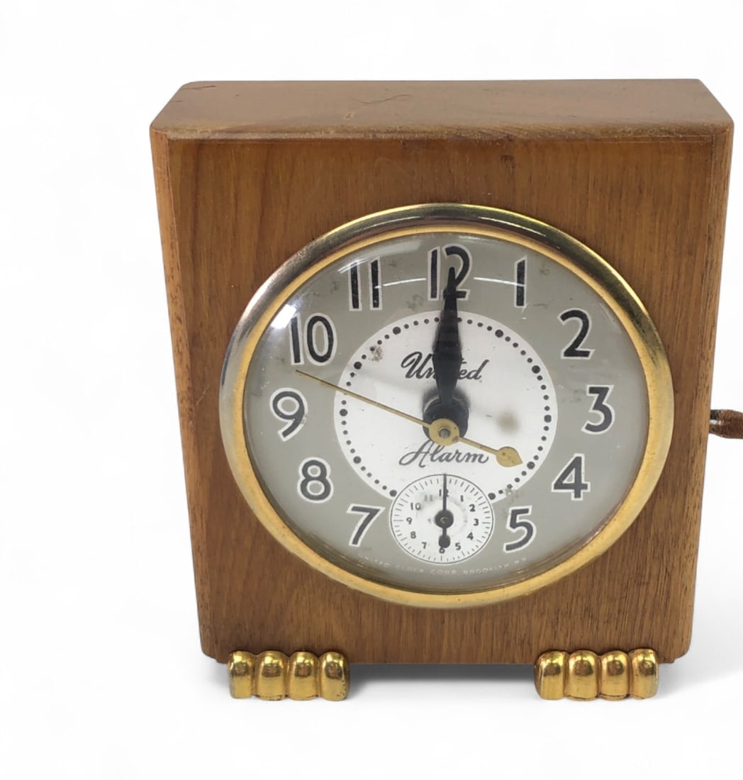 VTG Art Deco Style United Clock Wood Alarm Clock: Vintage Art Deco style electric alarm clock by United Clock Corp. Features a solid wood case with gold-tone metal feet and bezel. The dial includes a secondary alarm set sub-dial and is marked "United