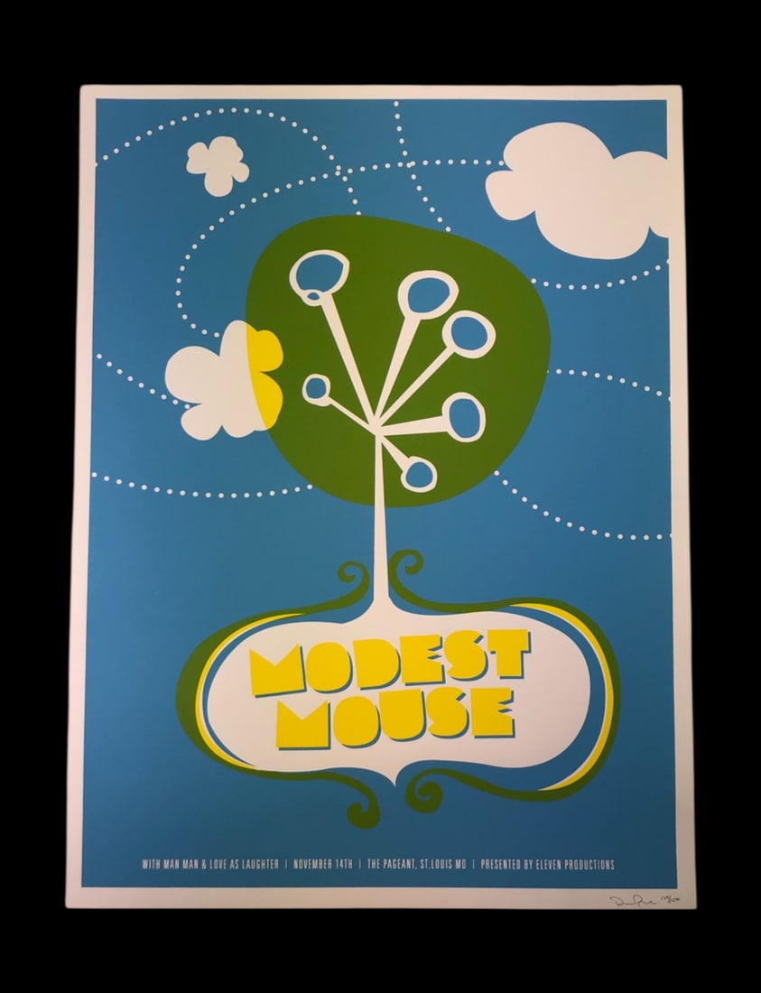 Dan Padavic Signed Modest Mouse Screen Print: Limited edition screenprint concert poster for Modest Mouse at The Pageant in St. Louis, MO, November 14th. Designed by Dan Padavic and printed by Valhalla Studios. Features a stylized tree motif on a