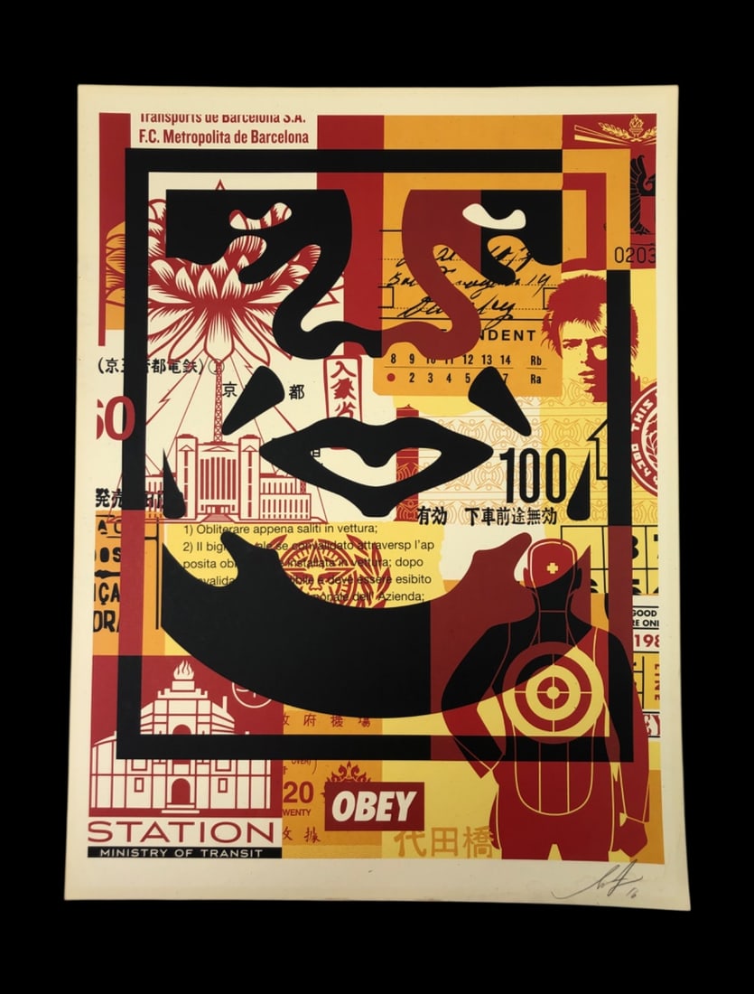 Shepard Fairey Signed Obey Giant Offset Lithograph: Signed poster by Shepard Fairey, featuring the iconic Obey Giant face overlaid with a collage of international graphics, transit tickets, and a target figure. The artwork includes text such as 'Minist
