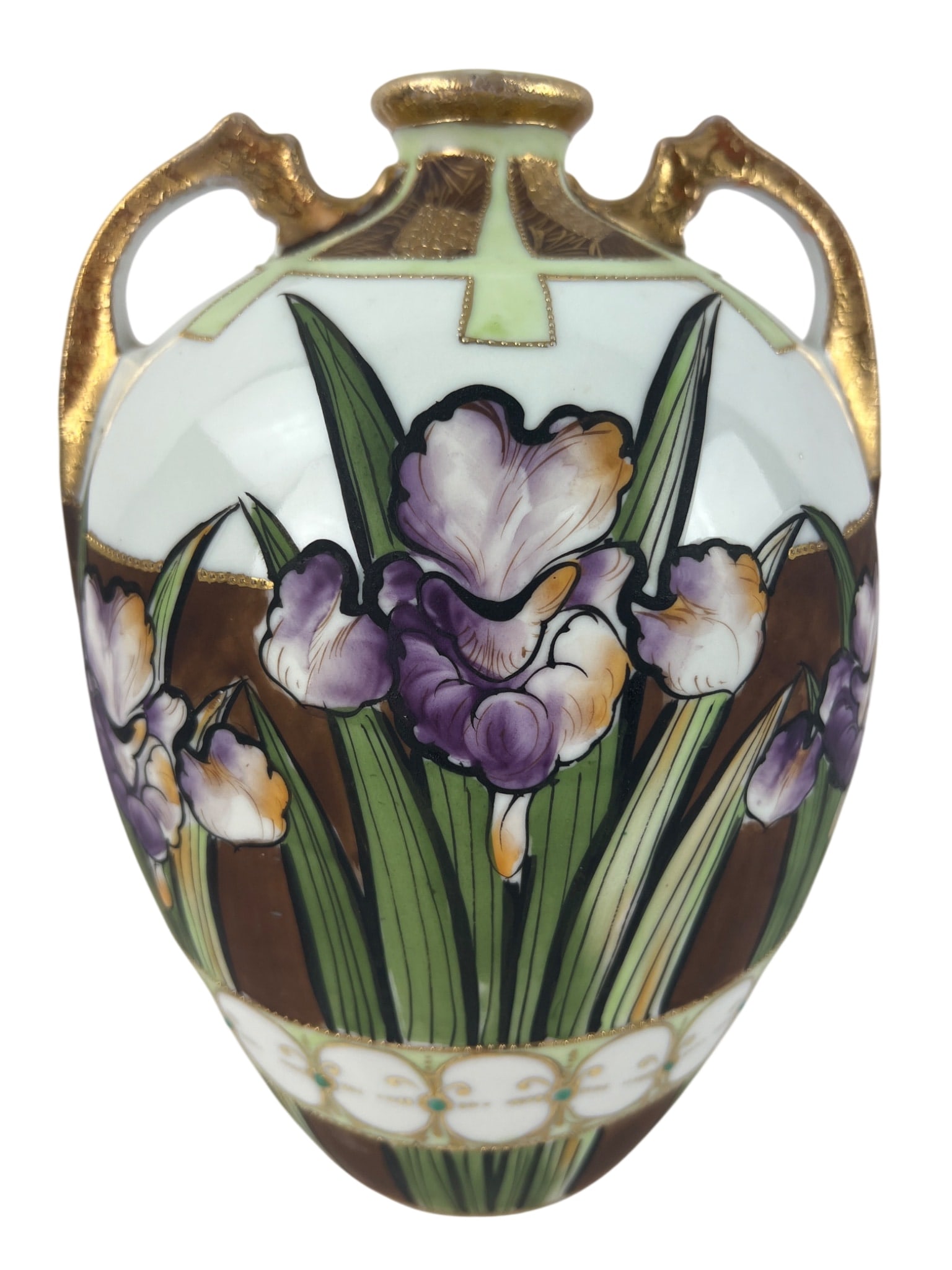 Nippon Hand-Painted Porcelain Iris Vase: Antique Nippon porcelain two-handled vase featuring hand-painted purple and white irises with green foliage. Accented with a brown band, light green geometric borders, and heavy gold gilding on the ha