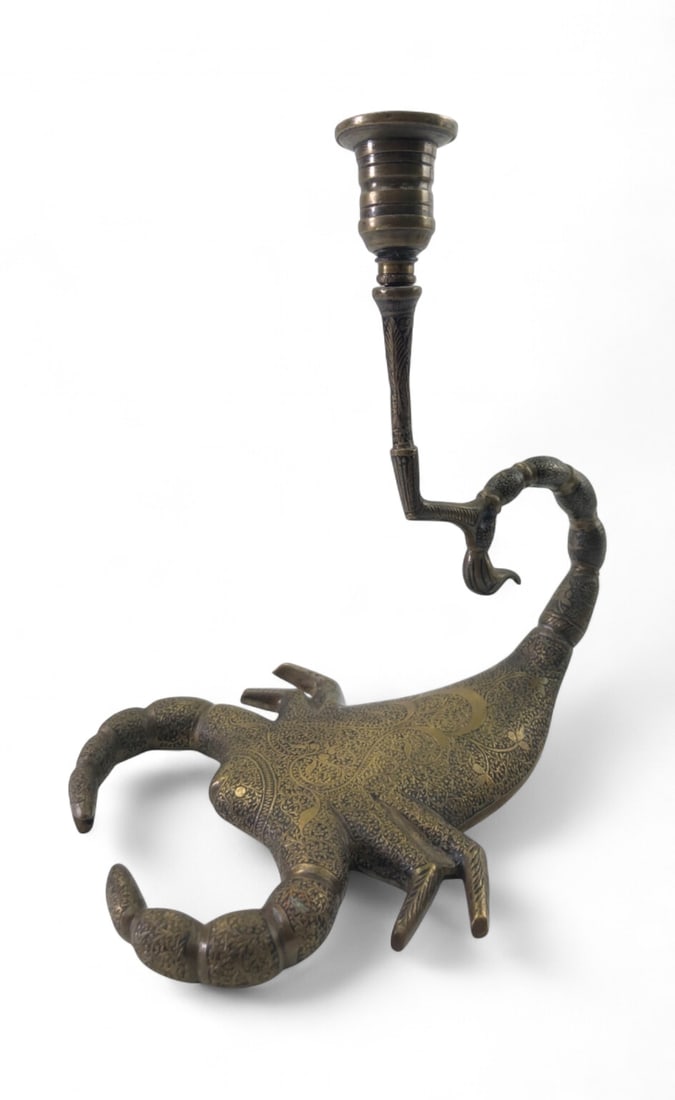 VTG Lost Wax Cast Brass Scorpion Candle Holder: Vintage lost wax cast brass scorpion-form candle holder featuring hand-etched intricate scrollwork and floral patterns throughout the body, tail, and claws. The piece is constructed with a hollow unde