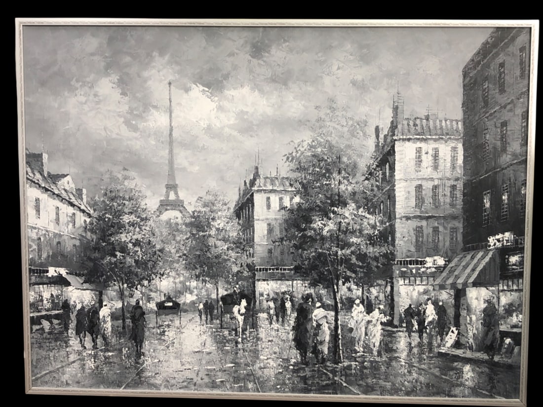 Impressionist Style Paris Street Scene Oil on Canvas: Impressionist style oil painting on canvas depicting a bustling Paris street scene with the Eiffel Tower in the background. The work features heavy impasto texture and a monochromatic palette. Housed 