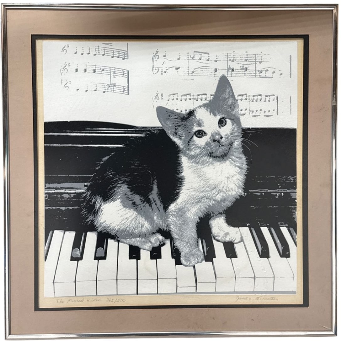 James H. Wennersten The Musical Kitten Serigraph: Limited edition silk screen print titled "The Musical Kitten" by James H. Wennersten. This serigraph features a kitten sitting on piano keys with sheet music in the background. Hand-signed by the arti