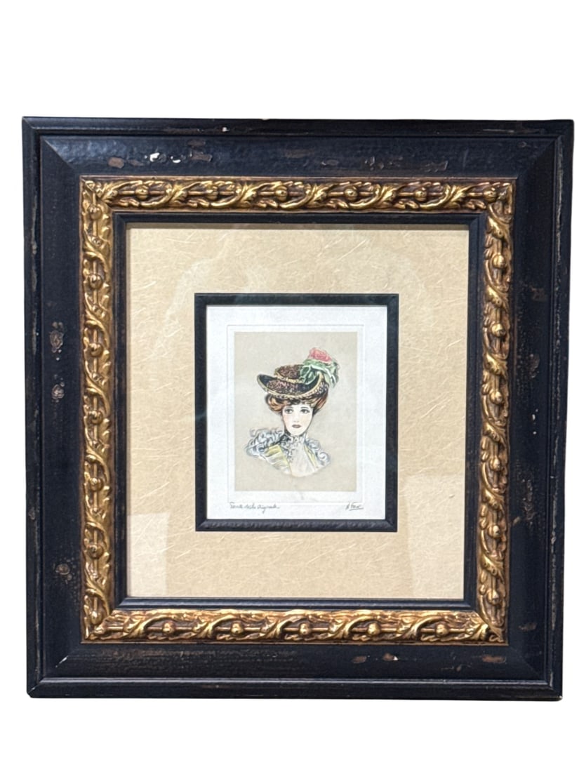 A. Fare Signed Drypoint Etching of a Woman: Original drypoint etching on paper depicting a woman in a feathered and leopard print hat. Hand-signed in pencil 'A. Fare' at lower right and inscribed 'Pointe Sèche Originale' at lower left. Housed 