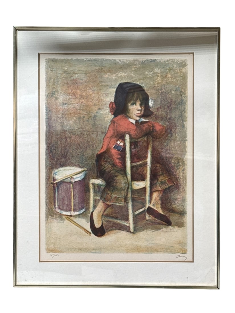 Cayetano de Arquer Lithograph, El Niño del Tambor: Color lithograph titled 'El Niño del Tambor' (The Boy with the Drum) by Cayetano de Arquer (Spanish, b. 1932). Depicts a seated boy with a drum. Numbered 163/260 and signed in pencil. Housed in a gol