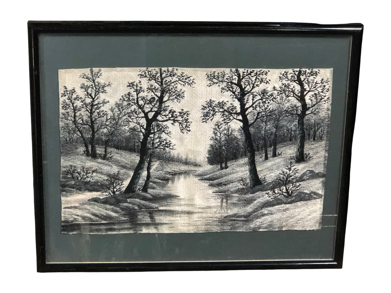 Japanese Silk Embroidery Landscape Artwork: Fine silk embroidery depicting a landscape with trees, executed in a monochromatic palette with subtle green and brown highlights. The piece features intricate needlework on a silk ground. Housed in a