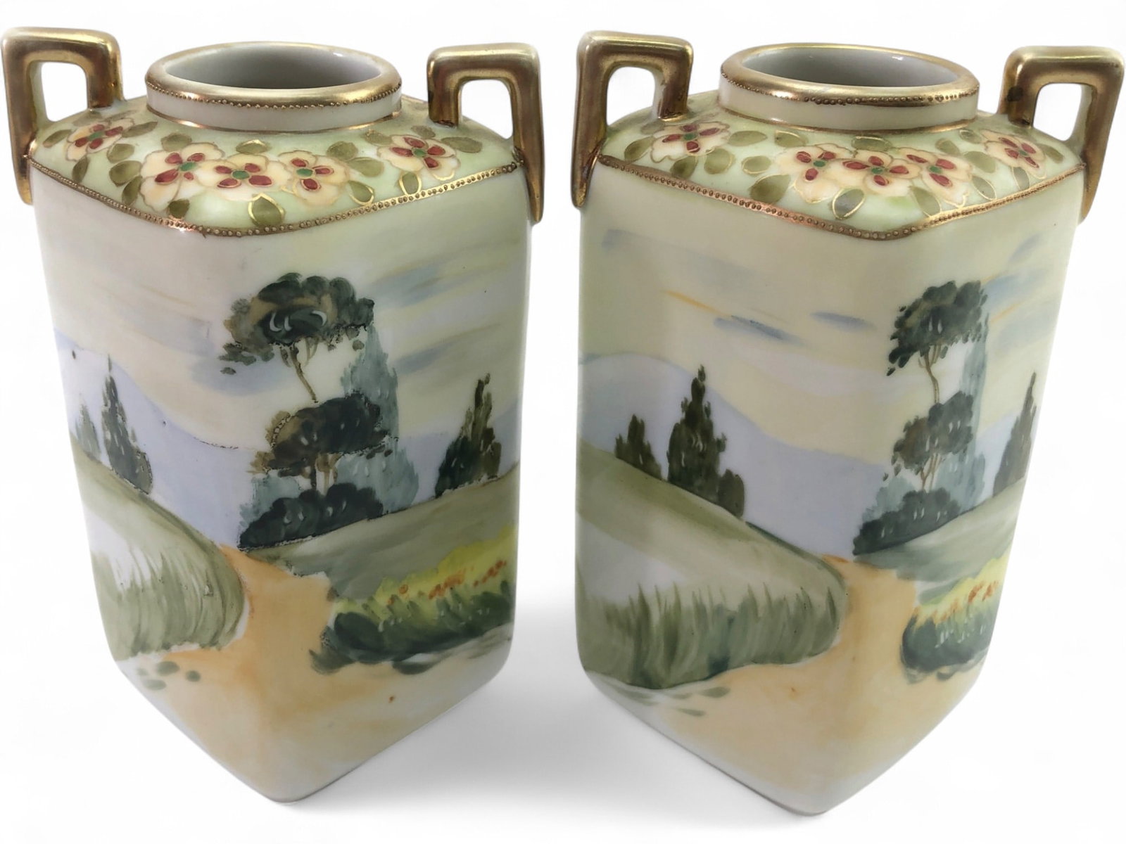 Nippon Hand-Painted Landscape Porcelain Vases, Pr. (1 of 7)