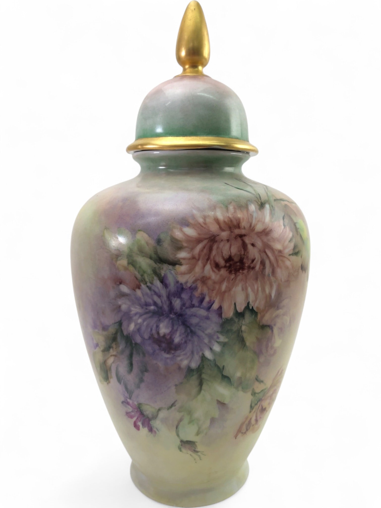 Alka-Kunst Bavaria Hand-Painted Porcelain Urn: A hand-painted porcelain lidded urn or ginger jar by Alka-Kunst, Bavaria. Features a soft-focus floral motif with large chrysanthemums in shades of purple and pink against a muted green and cream grou