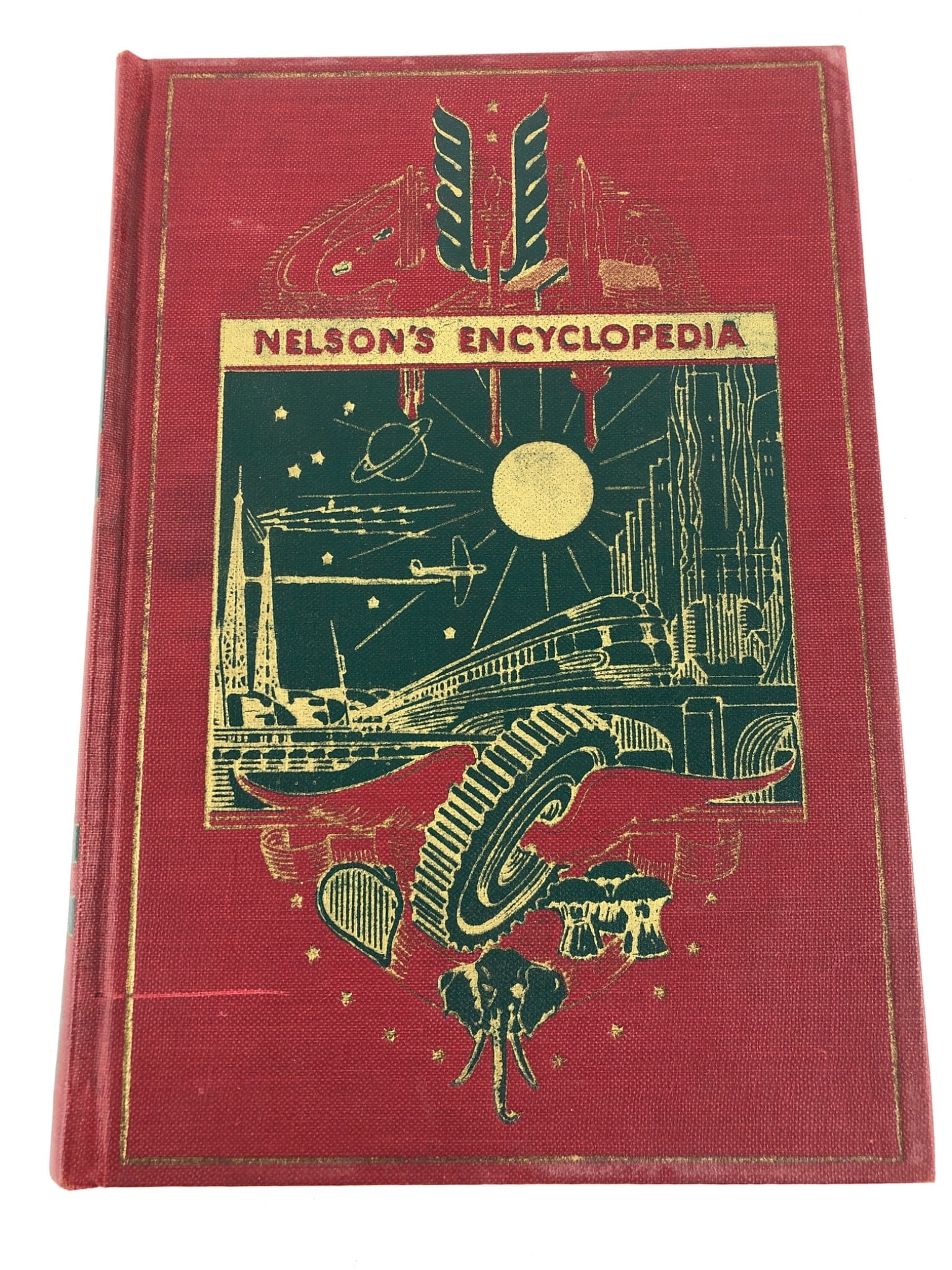 1940 Nelson's Encyclopedia, Unabridged 30-Vol Set: Complete 30-volume set of Nelson's Encyclopedia, Unabridged. Revised and copyrighted 1940 by Columbia Educational Books, Inc., Chicago. Features red cloth boards with Art Deco gilt and green stamped d