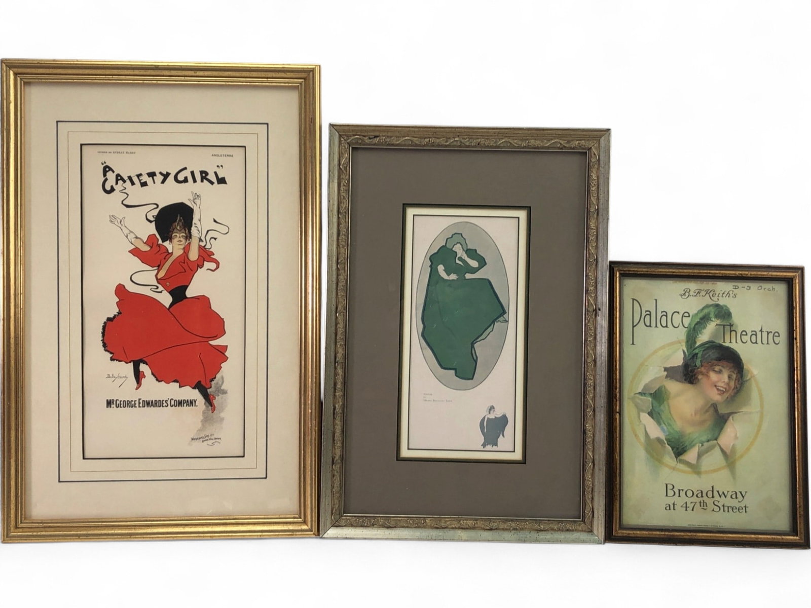 Dudley Hardy and Henry Brevoort Eddy Art Prints: Trio of framed theatrical and illustrative prints. Includes 'A Gaiety Girl' by Dudley Hardy (17 x 11), a green-clad figure drawing by Henry Brevoort Eddy (15 x 10.25), and a Palace Theatre Broadway ad