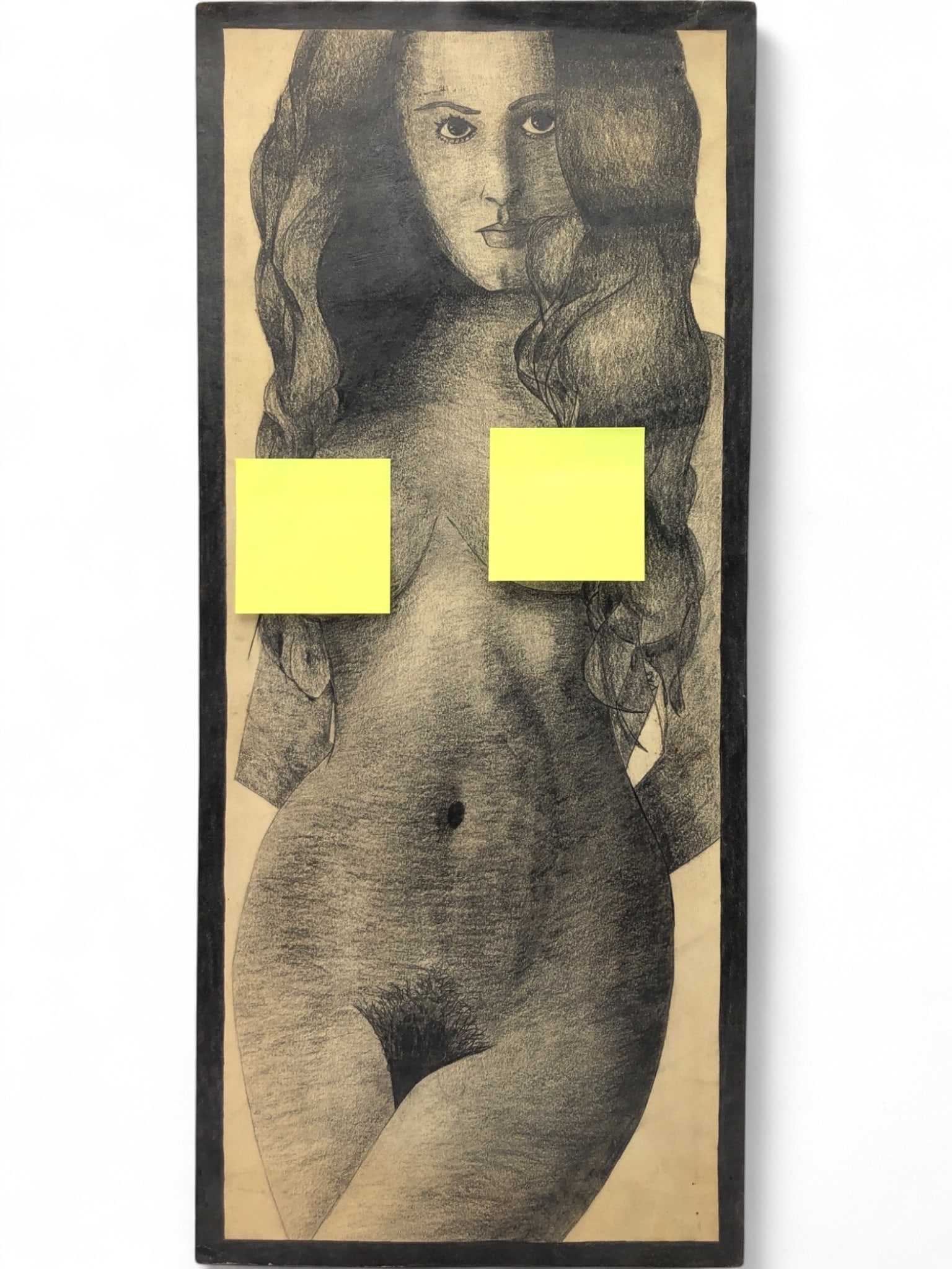 Signed Pencil Nude Female Portrait Artwork: Original pencil drawing on paper depicting a full-length nude female figure with long flowing hair. The piece is signed 'VAS' in the lower right area. The artwork shows some age-related toning and min