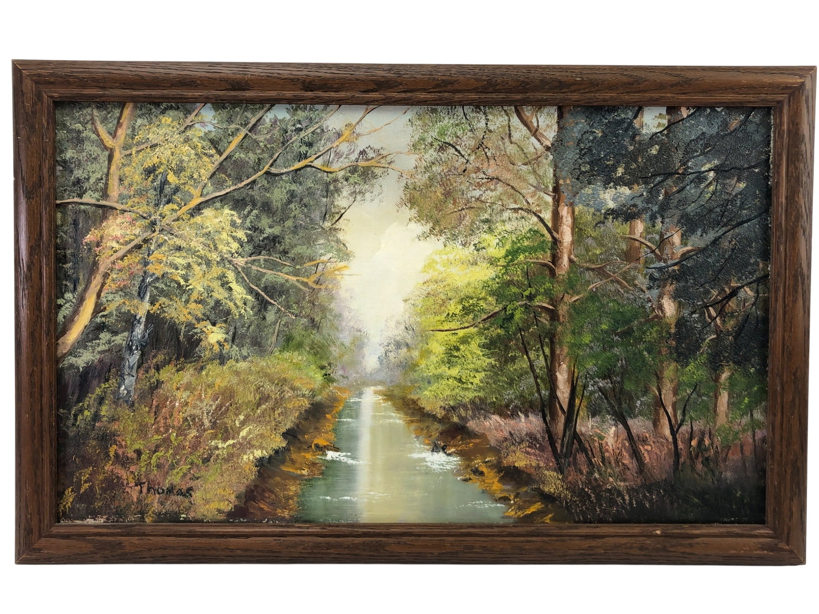 Thomas Signed Landscape Acrylic on Canvas: Original landscape painting on canvas, signed 'Thomas' in the lower left corner. The artwork depicts a serene wooded scene with a central waterway reflecting light. Executed with textured brushwork in