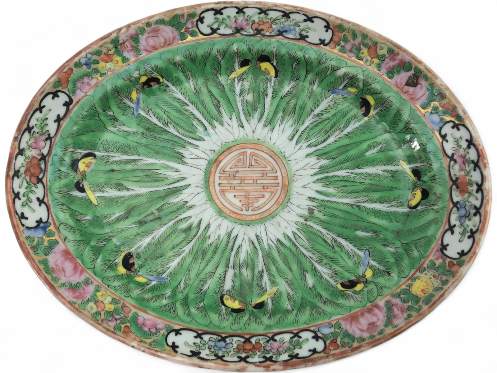 Chinese Export Cabbage Leaf Porcelain Oval Platter: Hand-painted Chinese export porcelain oval platter, 11 x 8.5 inches. Features a central 'Shou' longevity symbol surrounded by a radiating cabbage leaf (Bok Choy) motif with butterflies. The border is 