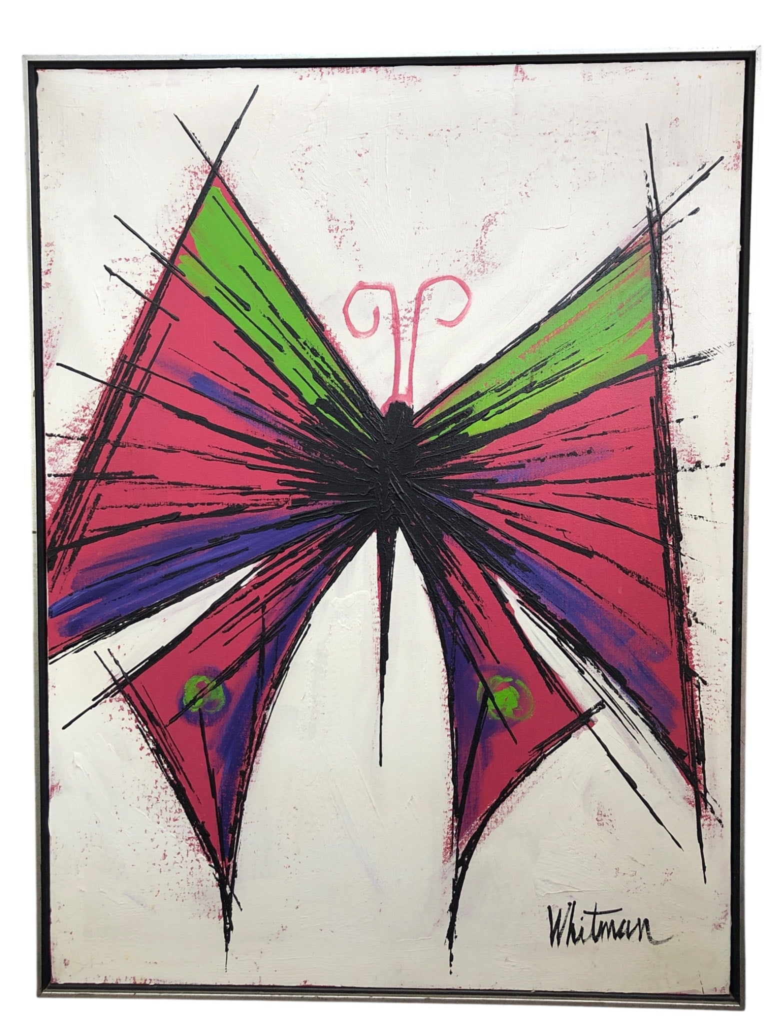 Whitman Signed Abstract Butterfly Oil on Canvas: Large-scale abstract artwork depicting a stylized butterfly in vibrant shades of pink, green, and purple with bold black outlines. Signed 'Whitman' in the lower right corner. The piece is executed wit