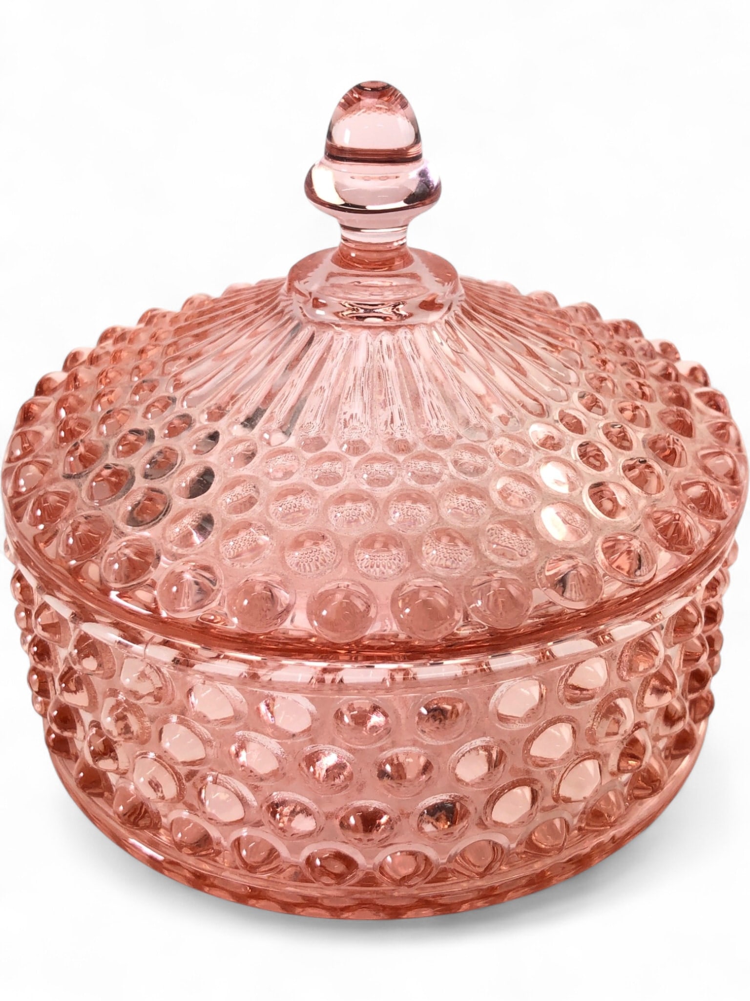 Rare Duncan & Miller Art Deco Pink Glass Vanity Jar: Rare Art Deco pink pressed glass vanity powder jar, attributed to Duncan & Miller. This circular lidded vessel features a distinctive hobnail or 'button' pattern on the body and lid, with a radial sun