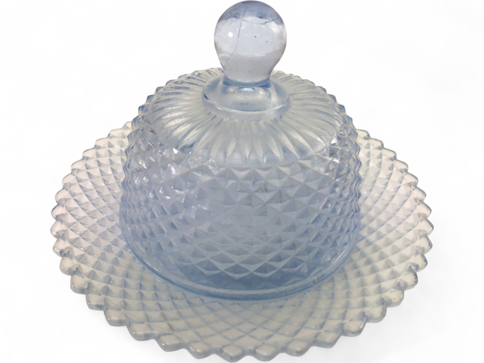 VTG Indiana Glass Diamond Point Ice Blue Cheese Dish: Vintage Indiana Glass Diamond Point pattern covered cheese or butter dish in ice blue pressed glass. Features a domed lid with a round finial and a matching underplate with a scalloped edge. Both piec