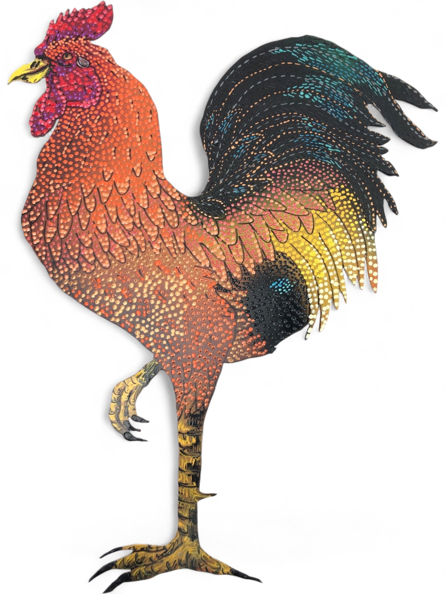 Signed Dr Dot Folk Art Rooster On Sheet Metal: A vibrant, hand-painted metal rooster wall hanging by artist Heman Dr Dot. This piece features a distinctive pointillist or dot-painting style in shades of orange, red, yellow, and blue. The rooster i