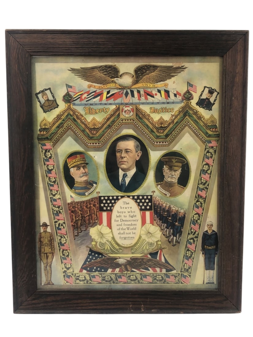 1918 World War I Patriotic Honor Roll Print: A 1918 World War I patriotic lithograph print titled 'Liberty and Justice,' published by M. Rosengard, Chicago, and copyrighted by Chas. L. Rosengard. The artwork features central portraits of Preside