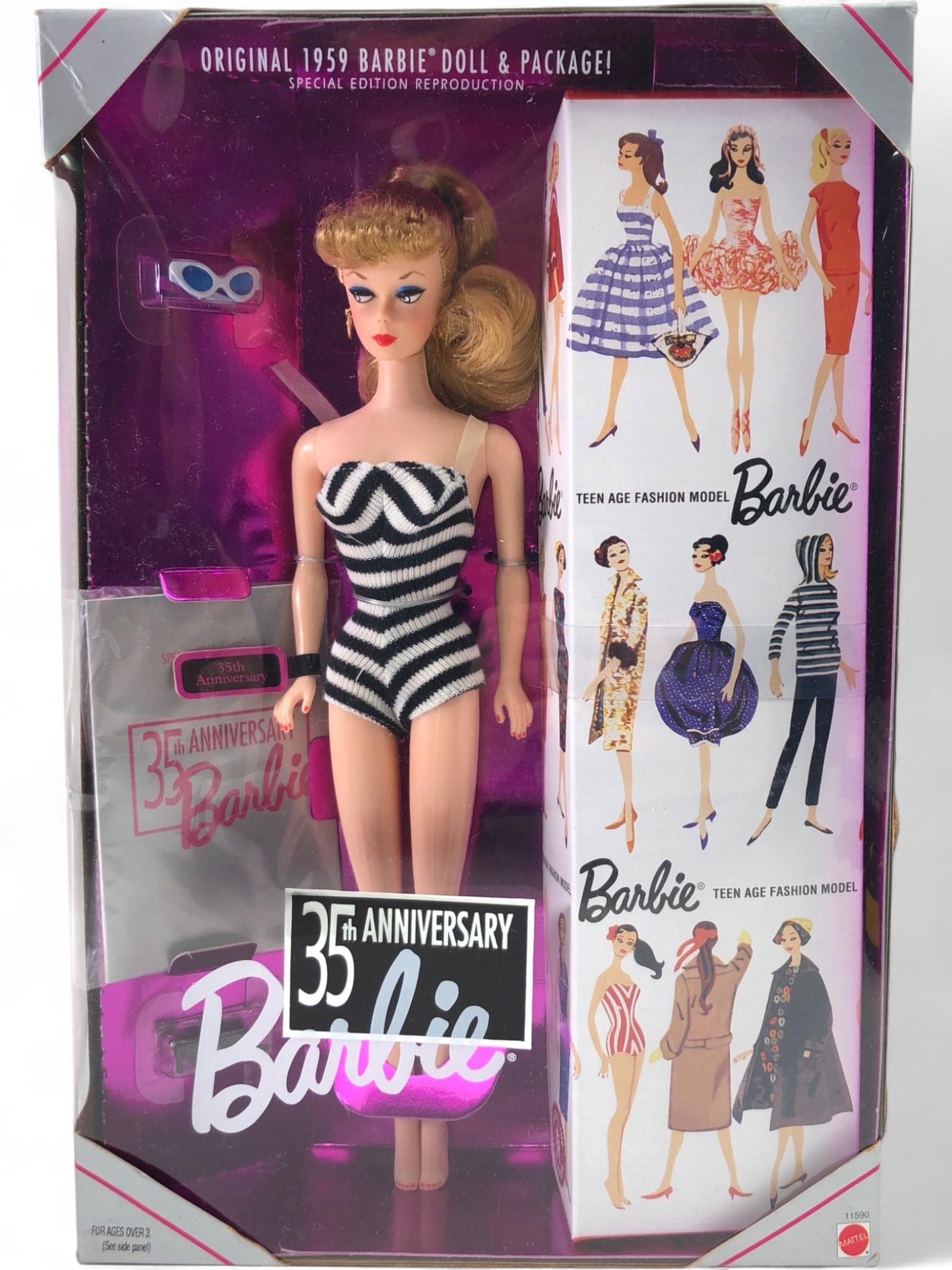 Mattel 35th Anniversary Barbie Doll Reproduction: NRFB Mattel 35th Anniversary Barbie, a special edition reproduction of the original 1959 doll and package. Features the iconic black and white striped swimsuit, blonde ponytail, and blue eyeshadow.