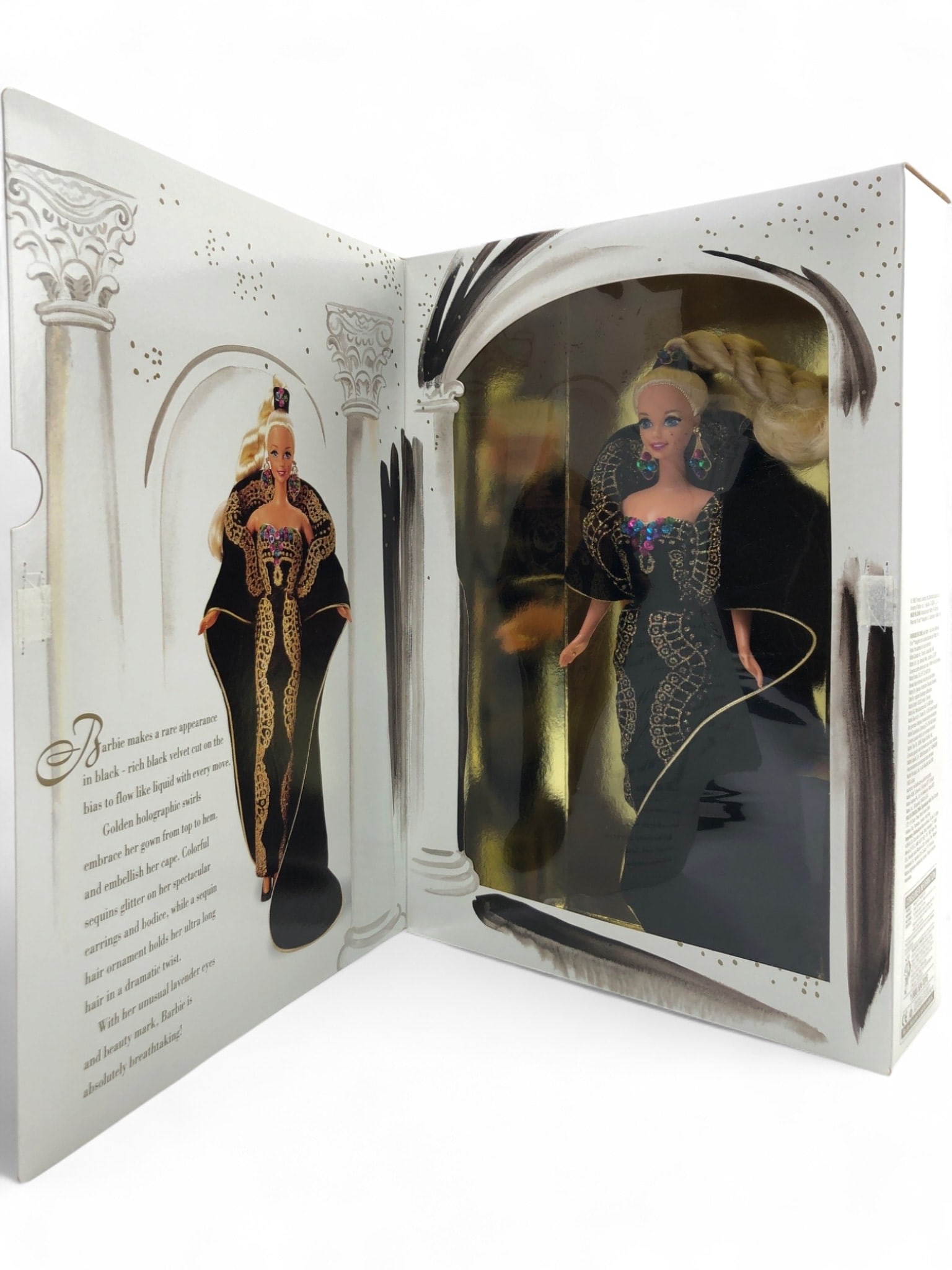 Mattel Midnight Gala Barbie Classique Collection: NIB Midnight Gala Barbie doll, fourth in the Classique Collection, designed by Abbe Littleton. Features a black velvet gown with golden holographic swirls, colorful sequins, and a matching cape. Inclu