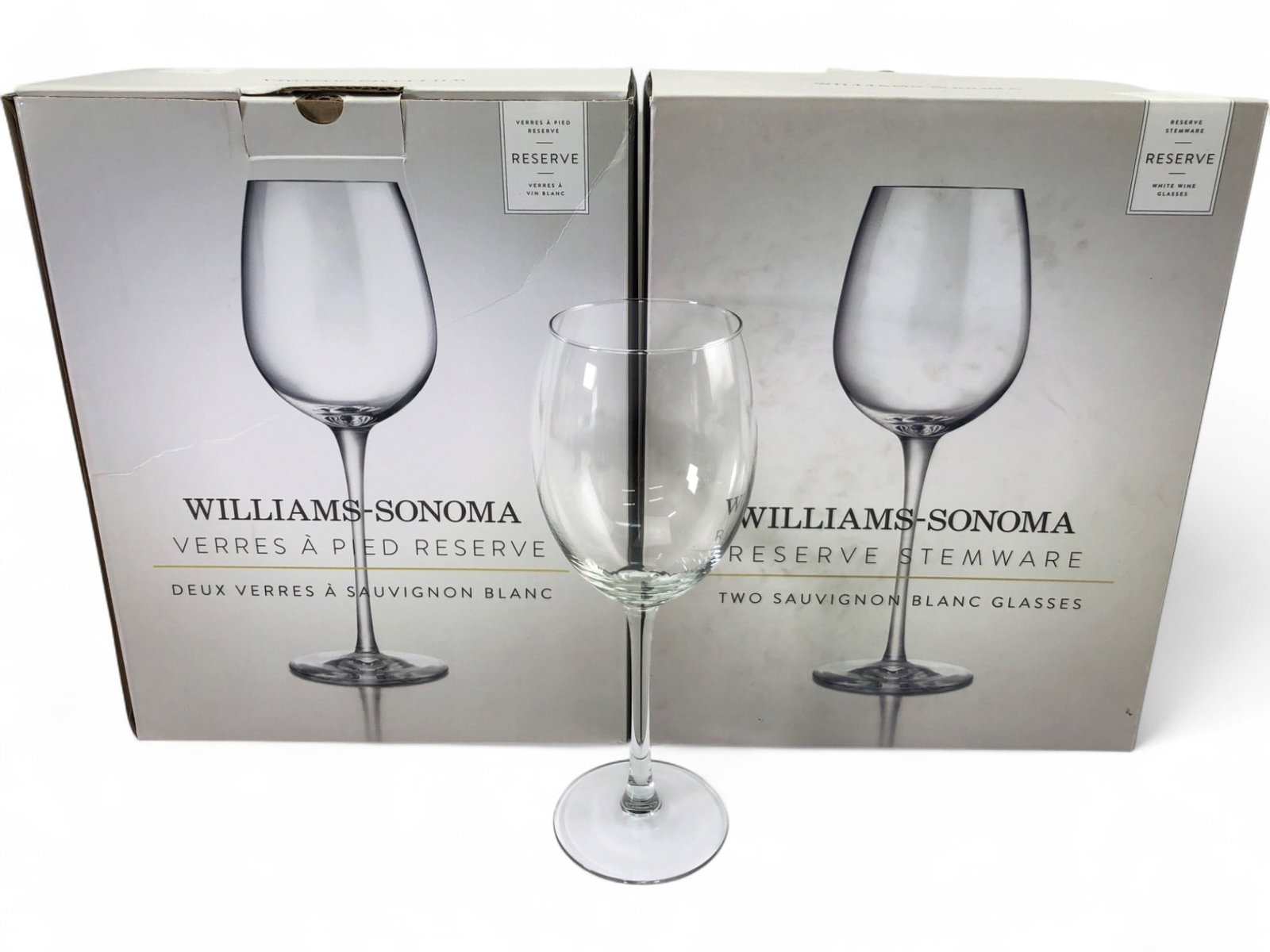 Williams-Sonoma Reserve Sauvignon Blanc Glasses: Set of four Williams-Sonoma Reserve stemware glasses designed specifically for Sauvignon Blanc. These hand-blown, lead-free crystal glasses were made in Turkey and are dishwasher safe. The lot include