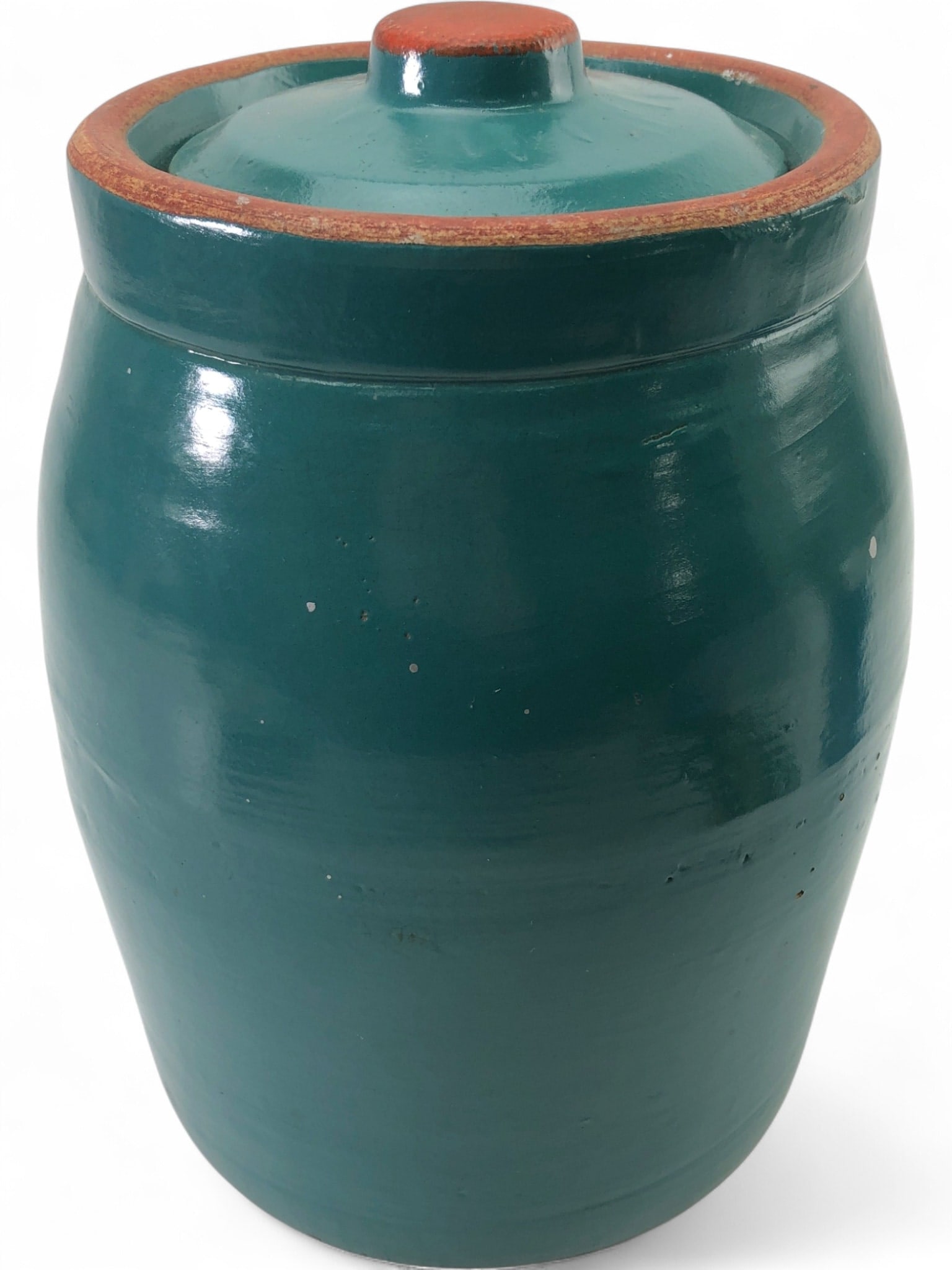 VTG Stoneware Cookie Jar with Lid, Teal Glaze: VTG stoneware cookie jar with lid, featuring a glossy teal/dark green glaze and unglazed terracotta-colored rim & lid knob. Unmarked. Good vintage condition with typical glaze imperfections (pinholes,