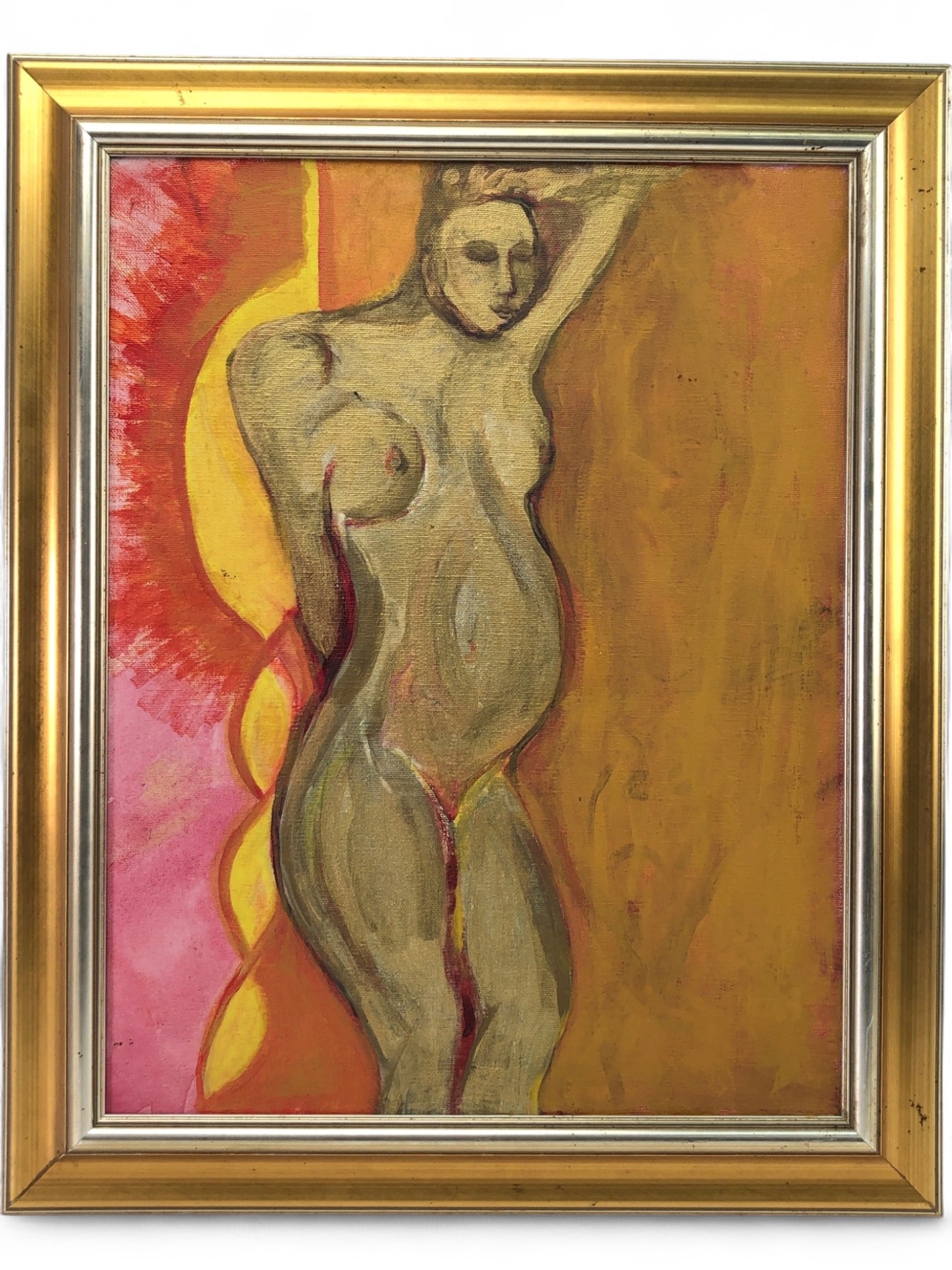 Figurative Nude Painting on Canvas, 17.5 x 21.5: Original framed painting depicting a stylized nude pregnant woman. Executed in oil or acrylic on canvas with warm tones of gold, orange, red, and pink. The figure is rendered with bold brushstrokes,