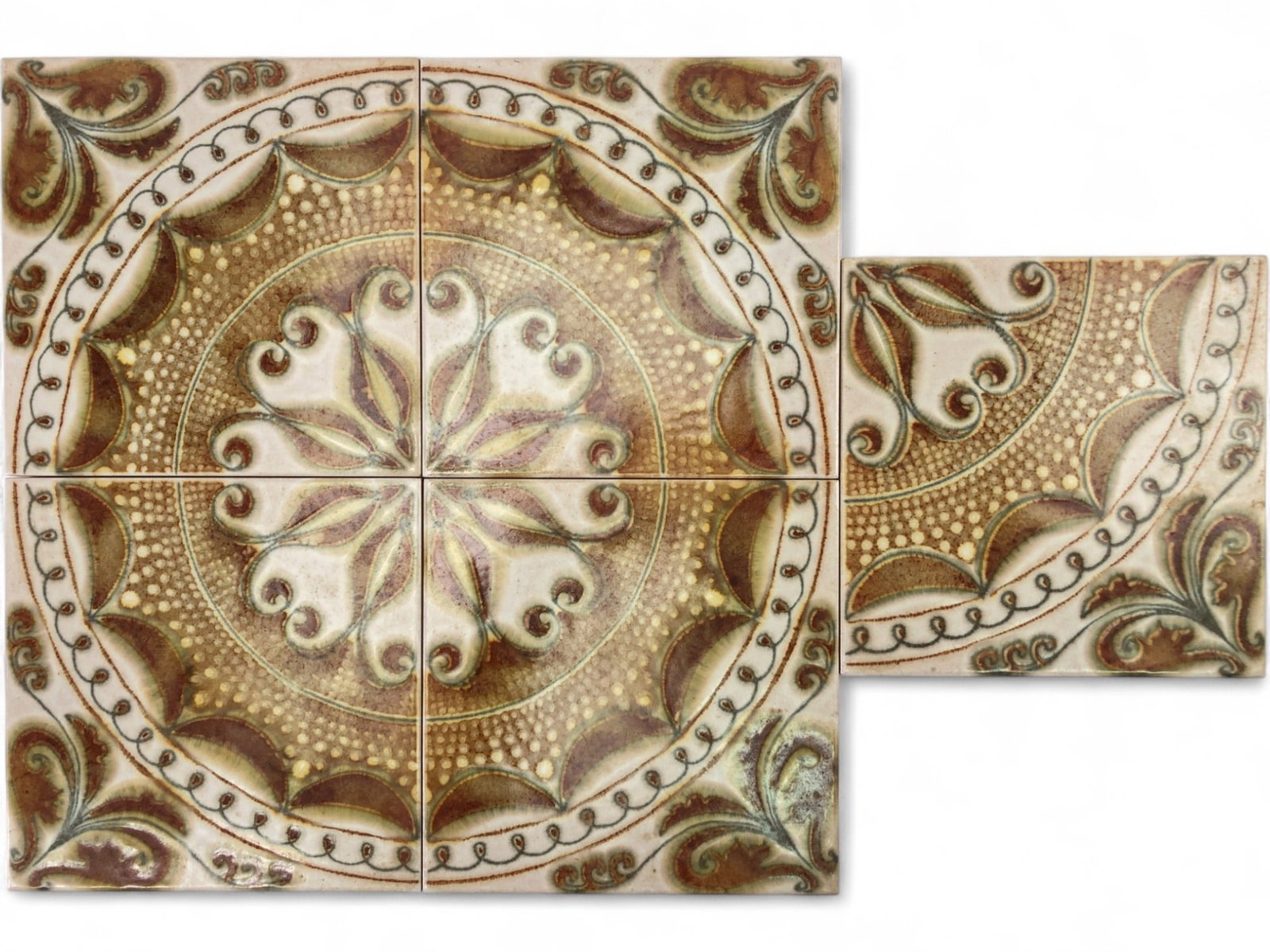 Italian Glazed Ceramic Tiles, 8x8: Set of six 8 x 8 inch glazed ceramic tiles, made in Italy. Features an ornate circular medallion design with floral and scroll motifs in earthy brown, beige, and green tones. The backs are unglazed