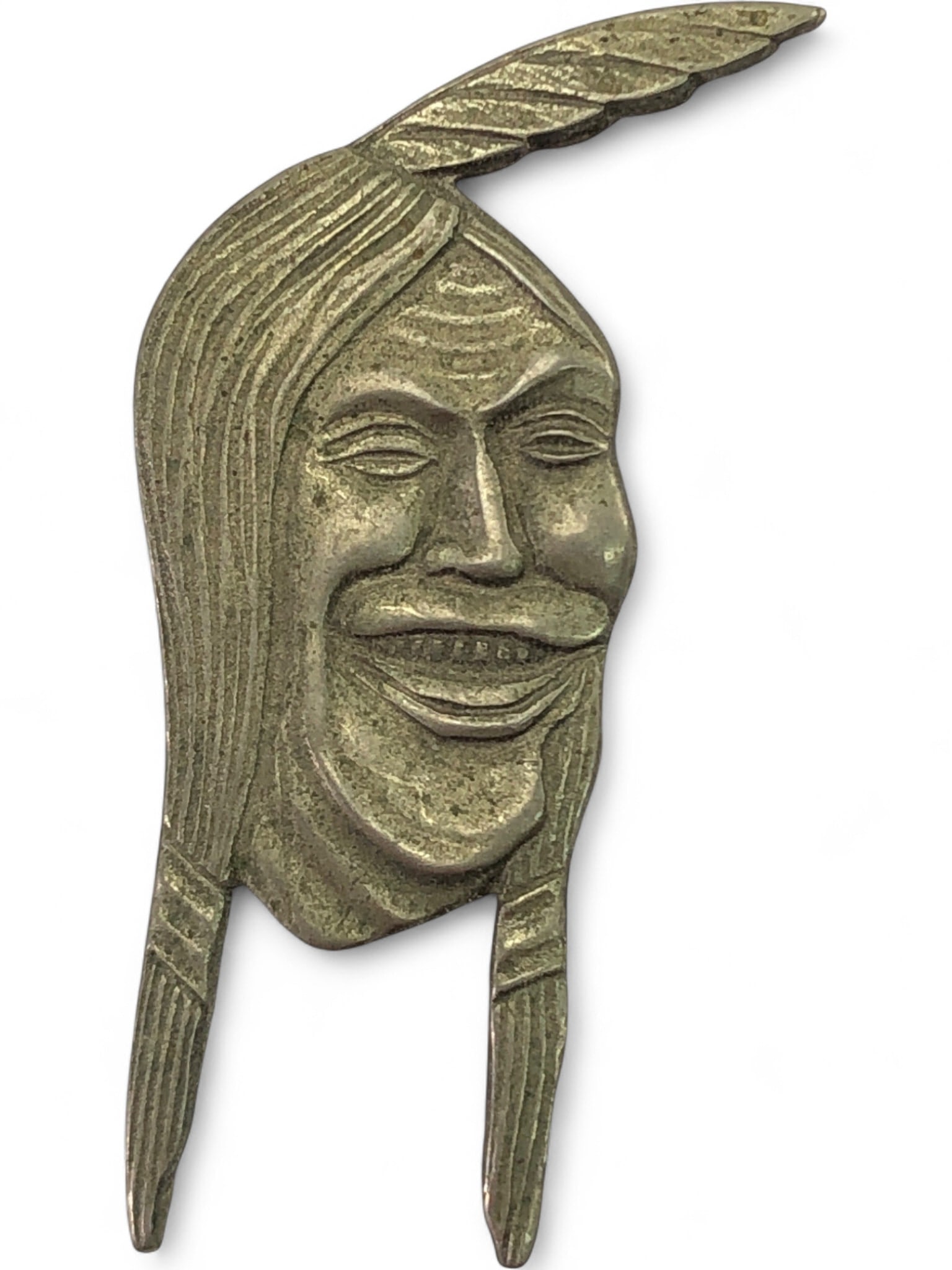 VTG Indian Motorcycles Bastian Bros. Pin, 1.5" L: VTG Indian Motorcycles pin, 1.5" long, crafted by Bastian Bros. Co. Rochester, NY. This silver-toned metal brooch features a stylized Native American head with a feather and braids, smiling. Marked "I